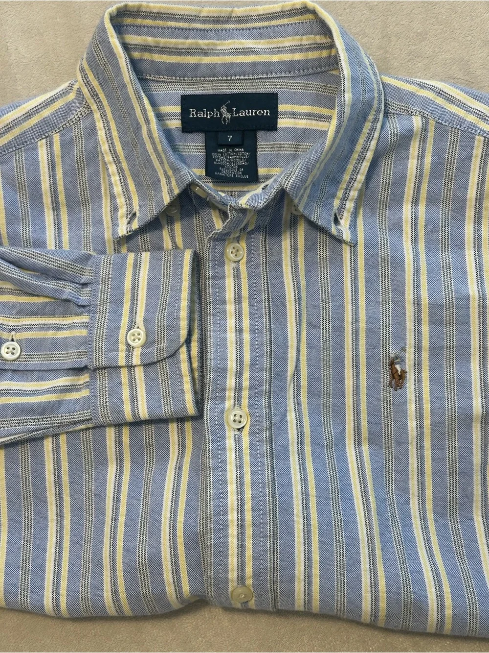 Polo Ralph Lauren Boys Size 7 Blue Yellow Striped Oxford Button Down Shirt Cotto